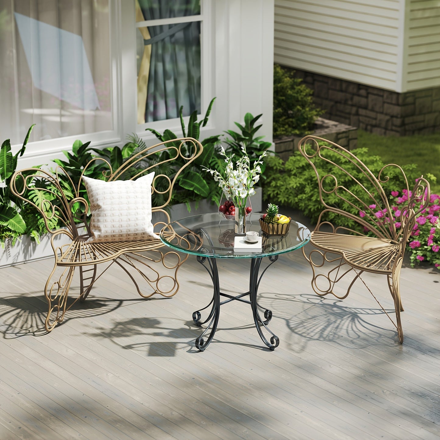 Outdoor Garden Bench 50 Inch Butterfly Design Iron Steel Frame Patio Bench for Porch Lawn Yard Easy Assembly 4 Colors Available
