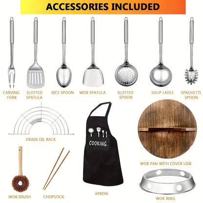 Wok Set Cast Iron 12.6 Inch Nonstick with 13 Accessories – Natural Nonstick No Chemical Coating Stir Fry Pan with Lid & Detachable Handle | Gas Electric Induction Ceramic Stovetop Kitchen Gift