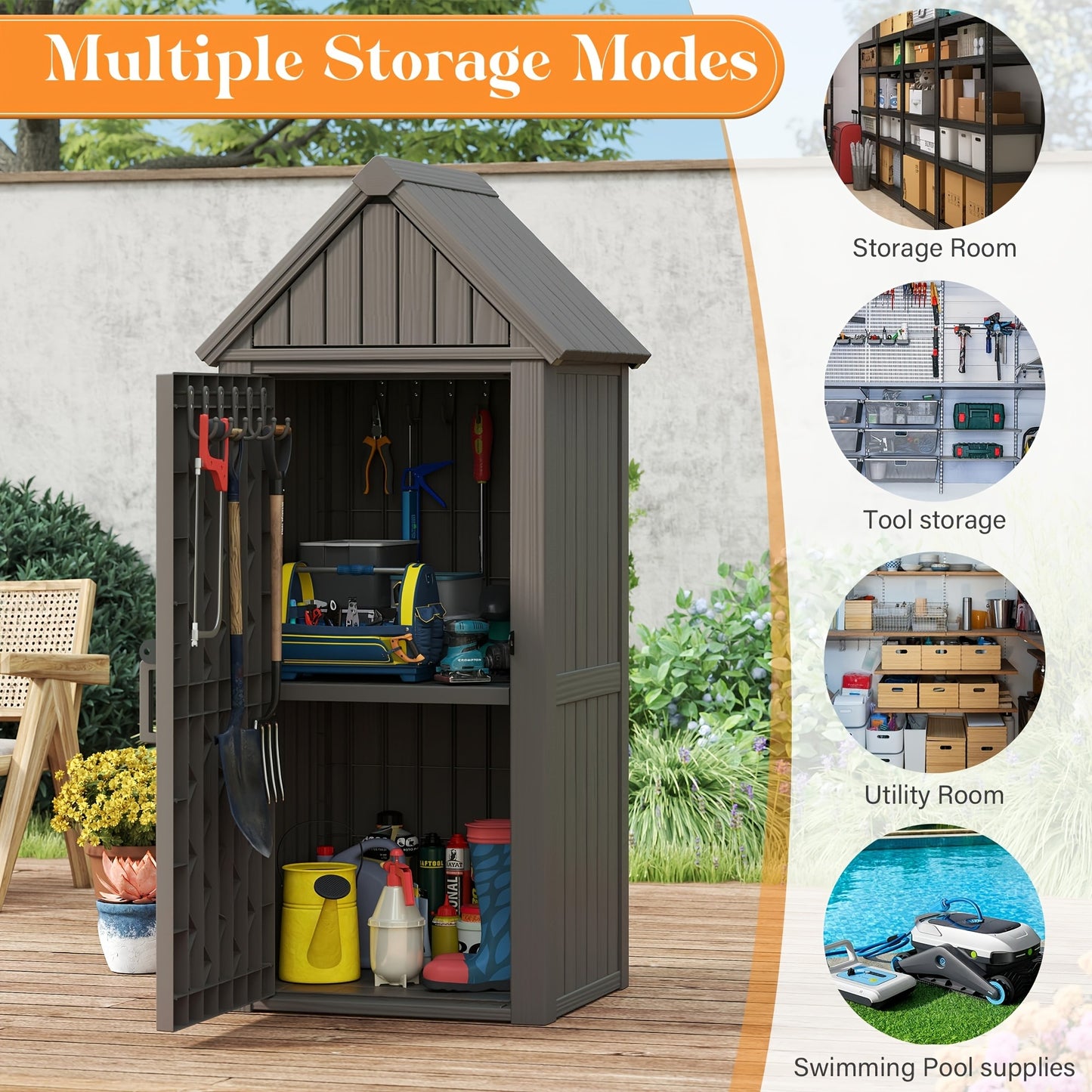 Resin Outdoor Storage Shed with Lockable Door & Sloped Roof
