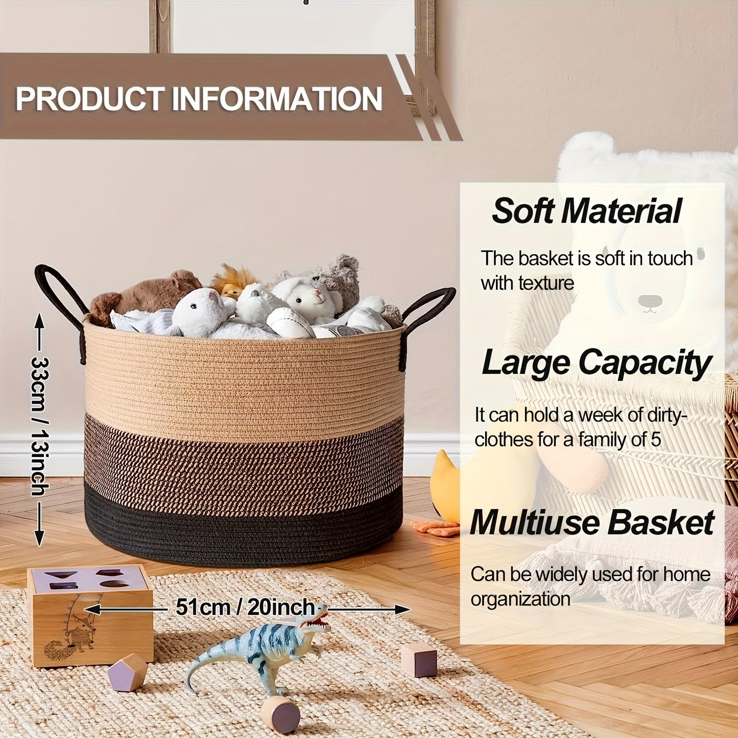 Rope Basket with Handles | Large Capacity Storage Organizer for Blankets, Clothes & Plants – Soft Polyester, Multiple Colors
