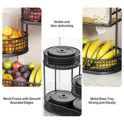 3-Tier Metal Fruit Basket Large Capacity Black Wire Rack | Kitchen Countertop Organizer for Fruits Vegetables Bread Snacks