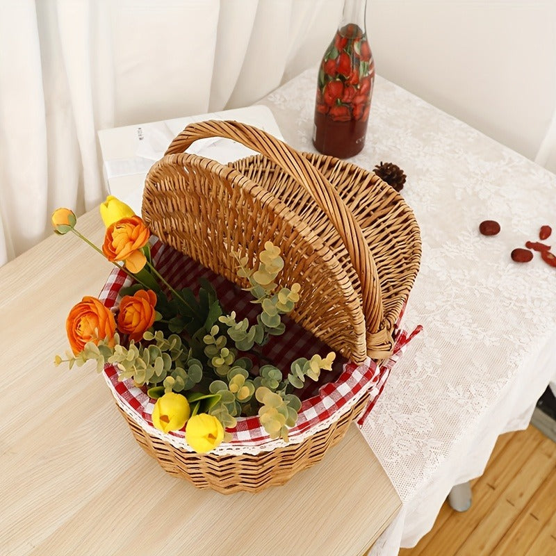 Lined Picnic Basket with Lid & Handles – Vintage Handcrafted Willow Woven Hamper with Linen Lining & Red White Checkered Tablecloth for Picnics & Camping
