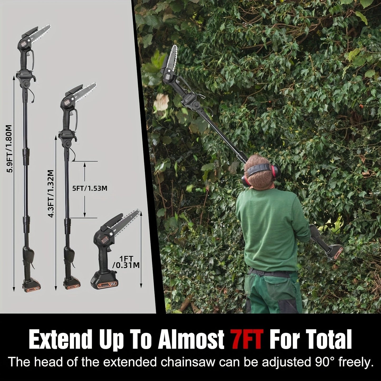 Tree Trimmer Pole Saw Cordless 2-in-1 with 4" & 6" Chains, 24V 1500mAh×2 Batteries, 3-Section Extendable to 71" & 90° Swivel Head for Branch Cutting