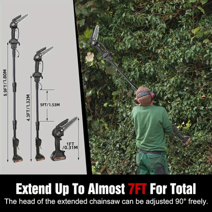 Tree Trimmer Pole Saw Cordless 2-in-1 with 4" & 6" Chains, 24V 1500mAh×2 Batteries, 3-Section Extendable to 71" & 90° Swivel Head for Branch Cutting