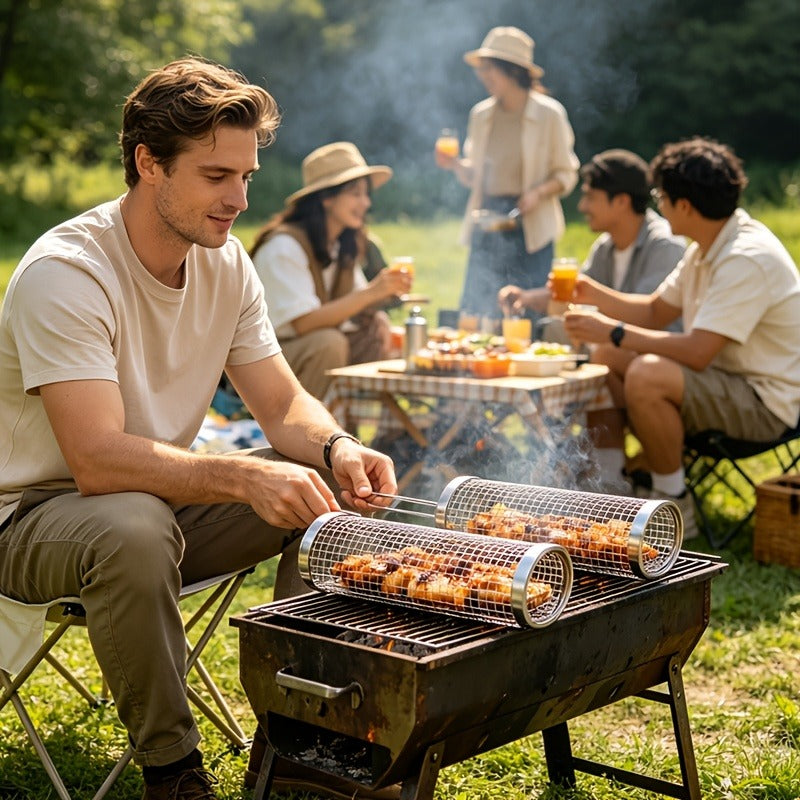Rolling Grill Basket Stainless Steel 2-Pack – Cylinder BBQ Basket with Hook & Fork for Vegetables, Meatballs & Seafood | Outdoor Camping Bonfire Grill Accessory