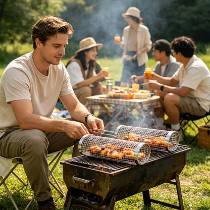 Rolling Grill Basket Stainless Steel 2-Pack – Cylinder BBQ Basket with Hook & Fork for Vegetables, Meatballs & Seafood | Outdoor Camping Bonfire Grill Accessory