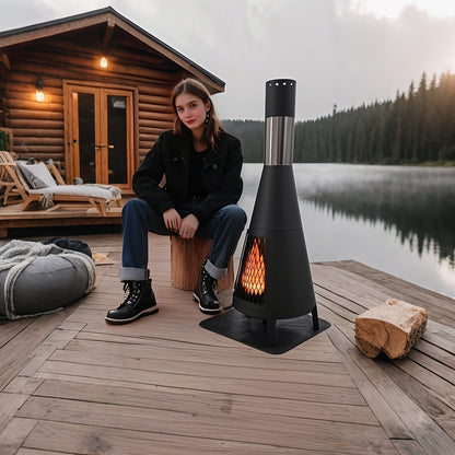 Outdoor Fire Pit Heater with Chimney Design 45-Inch Sitting Height Wood Burning Patio Stove with Mat, Poker & User Manual, Freestanding Backyard Heater for Garden, Patio, Camping & Outdoor Gatherings