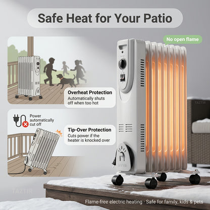 Oil Filled Radiator Heater 1500W Portable Electric Space Heater with 3 Heating Modes 600W/900W/1500W, Adjustable Thermostat, Overheat & Tip-Over Protection, Heavy-Duty Metal Housing with Casters
