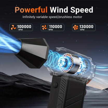 Electric Air Duster 130000RPM Rechargeable Handheld Blower, 3-Speed Wireless Turbine Fan for Computer Keyboard, Car & Home Cleaning — Black & Orange