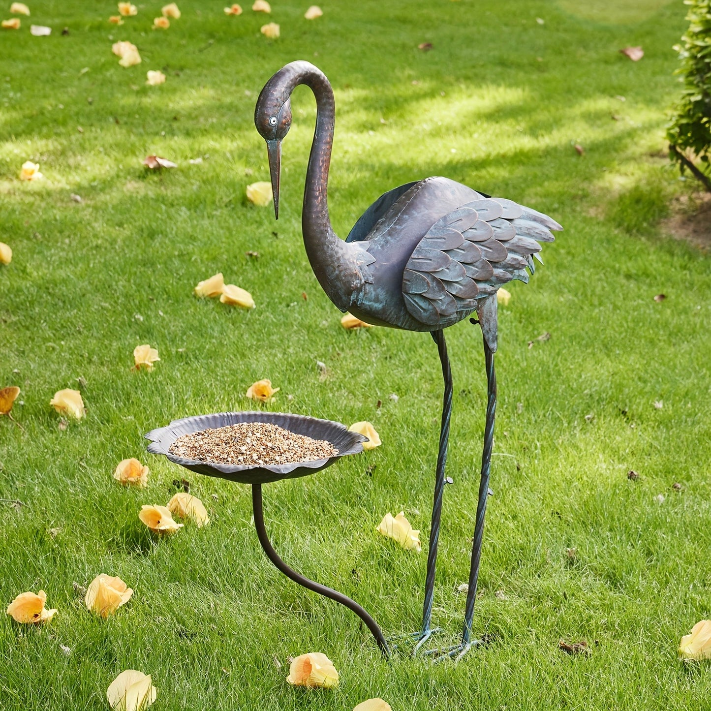 Bird Bath Outdoor Metal Crane Heron Sculpture 36" – Garden Feeder Stake Yard Lawn Patio Decor