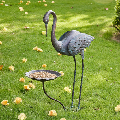 Bird Bath Outdoor Metal Crane Heron Sculpture 36" – Garden Feeder Stake Yard Lawn Patio Decor