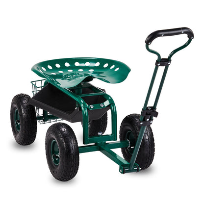 Rolling Garden Seat Cart | Backrest, Cushion, Telescopic Handle & Storage Basket, Steel Frame