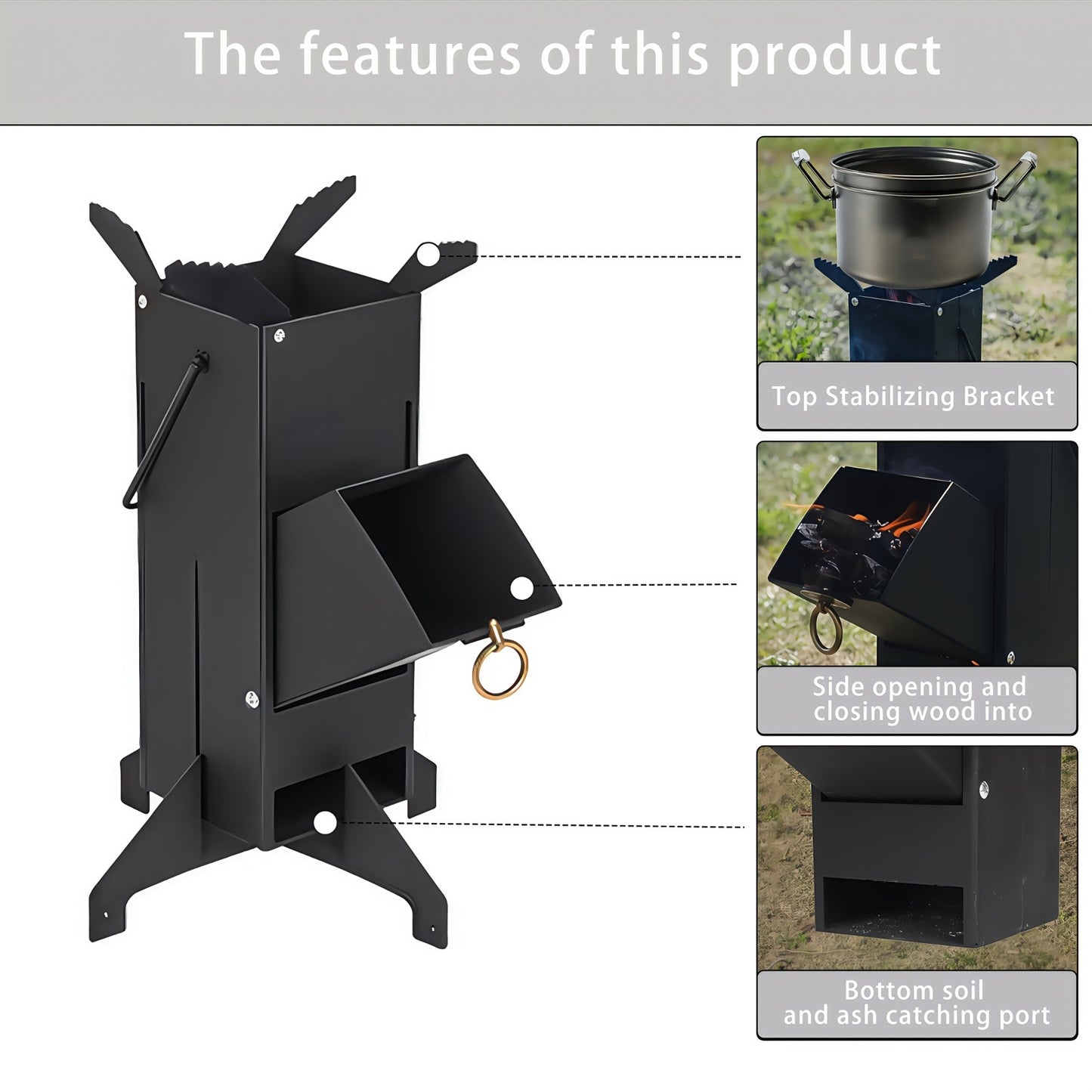 Rocket Stove Wood Burning Stove, Heavy-Duty Detachable Outdoor Cooking Stove for Courtyard, Camping & Grilling – Charcoal & Firewood Compatible, Black