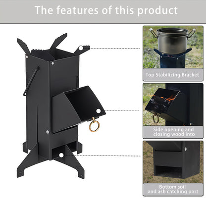 Rocket Stove Wood Burning Stove, Heavy-Duty Detachable Outdoor Cooking Stove for Courtyard, Camping & Grilling – Charcoal & Firewood Compatible, Black