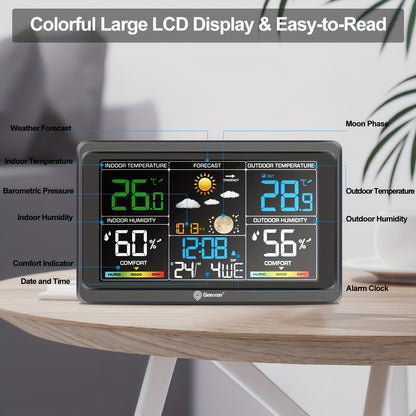 Wireless Weather Station - Indoor Outdoor Thermometer with 7.6" LCD, Barometer, Humidity, Moon Phase & USB Charging