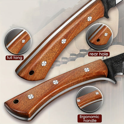 Machete High-Carbon Steel 7.8" Blade with Red Sandalwood Handle, Full Tang Outdoor Knife with Wood & Leather Case for Camping, Hiking, Gardening and Survival