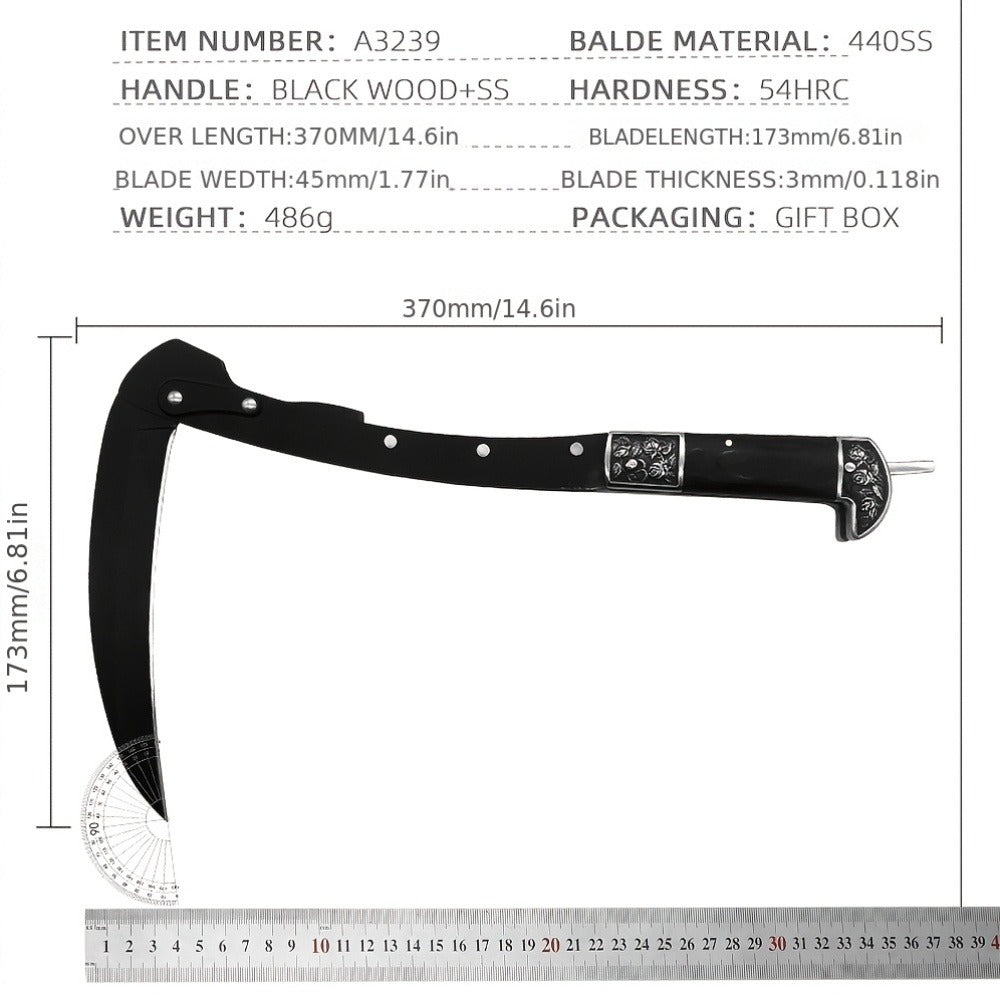 Folding Sickle Stainless Steel Flat Edge Blade with Black Wood Handle & Double Bolsters, Portable Weeding Scythe with Nylon Case for Gardening, Camping and Outdoor Survival