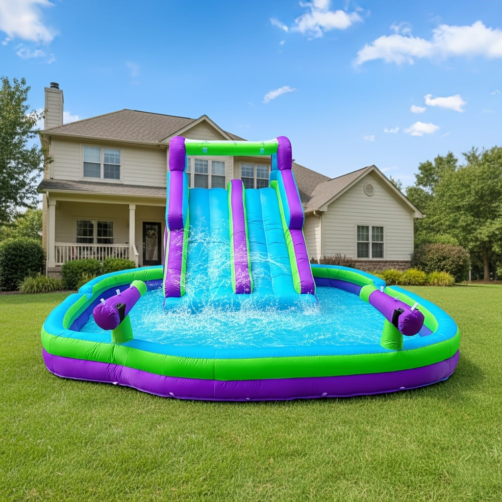 Inflatable Double Water Slide with Climbing Wall & Large Splash Pool – 17.72FT Backyard Water Park for Kids & Adults, Oxford Cloth, Blower Included