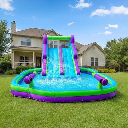 Inflatable Double Water Slide with Climbing Wall & Large Splash Pool – 17.72FT Backyard Water Park for Kids & Adults, Oxford Cloth, Blower Included