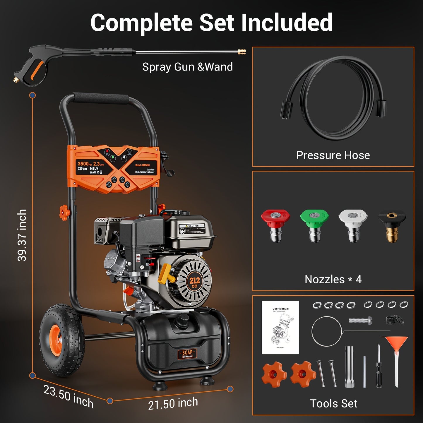 Gas Pressure Washer 3500PSI 7HP 212CC OHV Engine 2.3GPM 25-Foot Hose 4 Quick-Connect Nozzles Axial Cam Pump 10-Inch Pneumatic Tires for Driveways Decks Cars RV