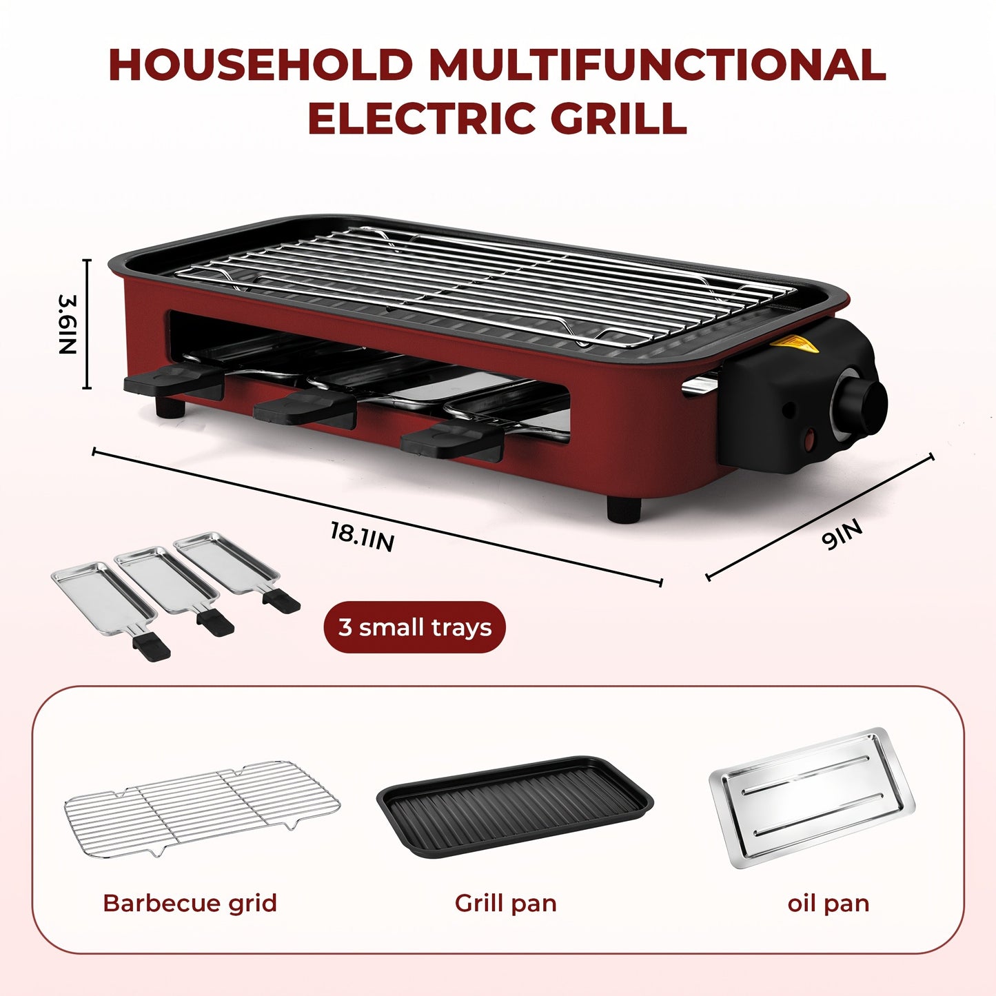 Indoor Smokeless Electric Grill 1500W Non-Stick Raclette Table Grill with Removable Plate & 3 Mini Pans Dishwasher Safe Compact BBQ Griddle