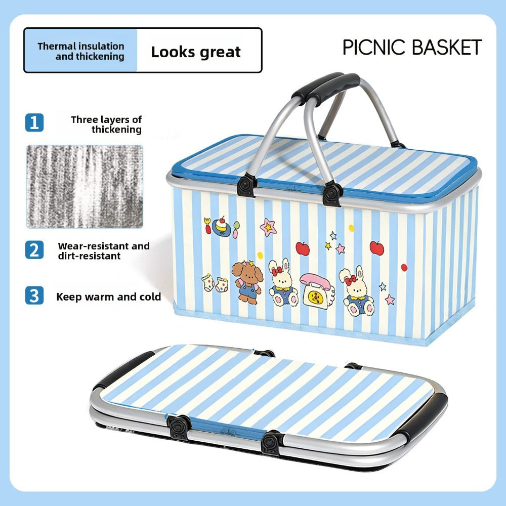 Insulated Picnic Box with Aluminum Frame – Collapsible Thermal Camping Storage Basket for Outdoor Picnic, BBQ, Travel & Camping with Cute Pattern Designs