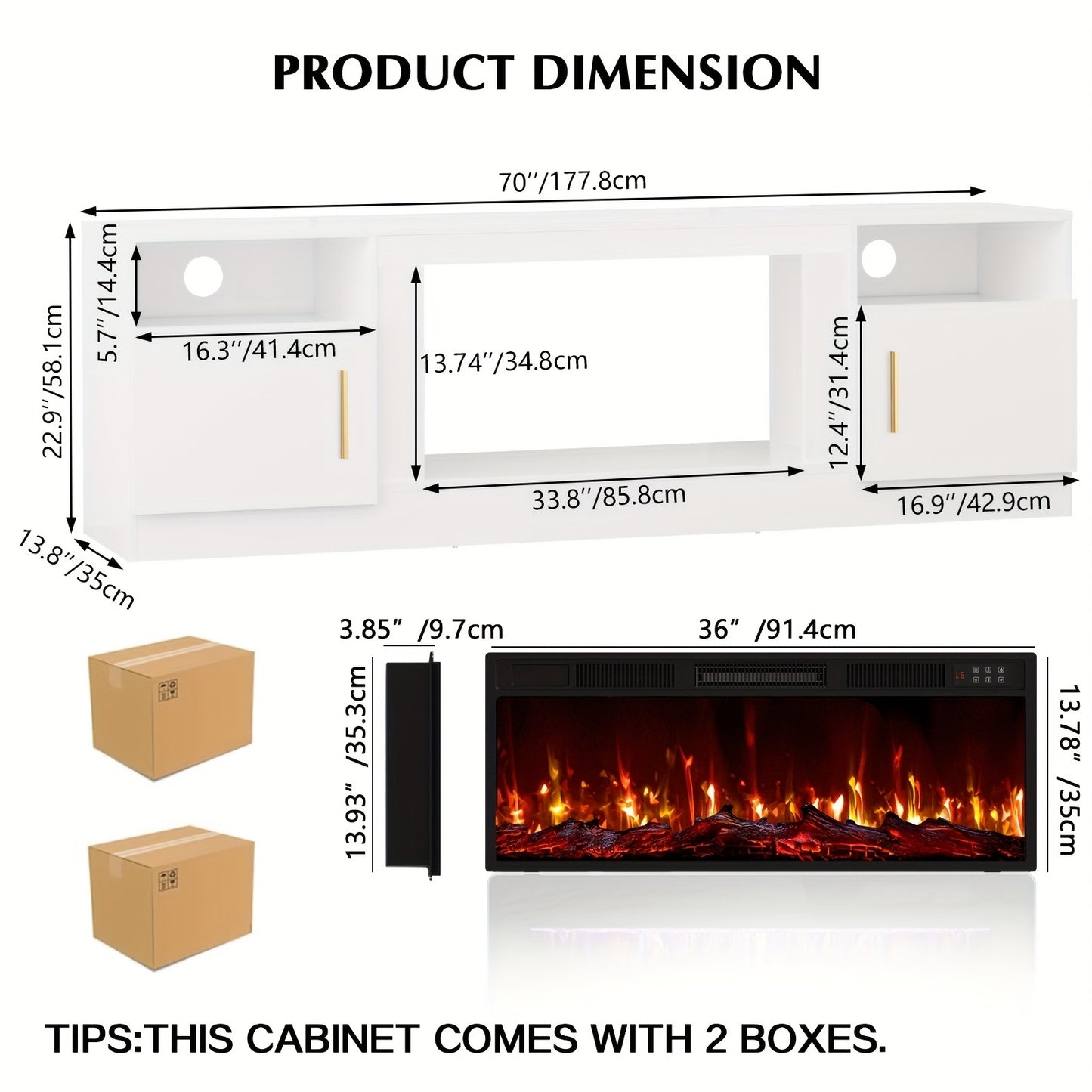 TV Stand with Fireplace 70 Inch for TVs up to 80" 36" Electric Fireplace LED Light Entertainment Center Highlight Storage Cabinet Modern Wood Media Console