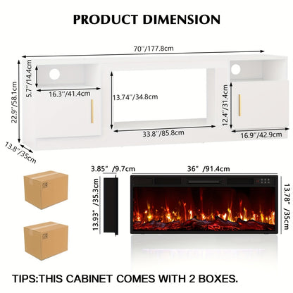 TV Stand with Fireplace 70 Inch for TVs up to 80" 36" Electric Fireplace LED Light Entertainment Center Highlight Storage Cabinet Modern Wood Media Console
