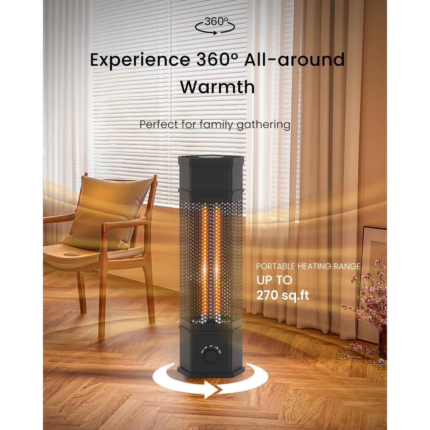 Electric Patio Heater 1400W 28", All-Around Radiant Heating with Tip-Over & Overheat Protection, Modern Indoor Outdoor Space Heater for Bedroom, Living Room, Garage, Backyard, Office