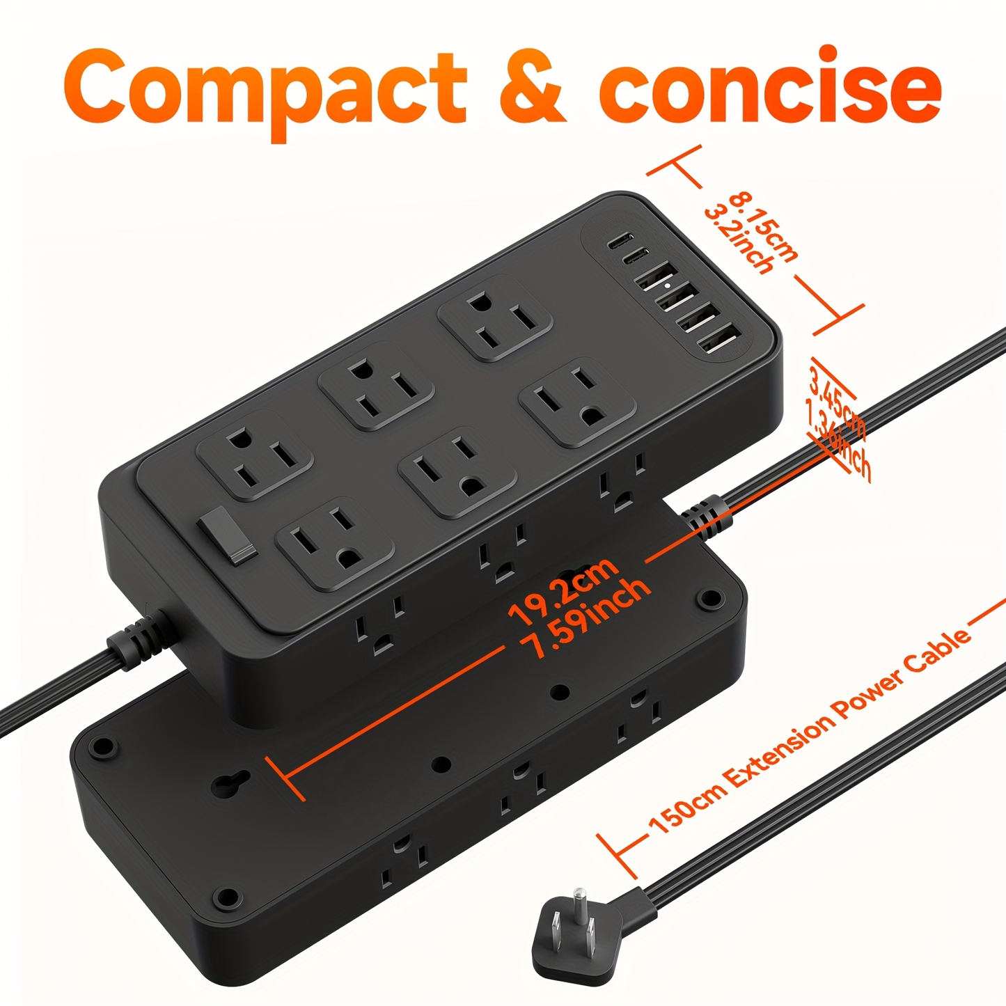 Charging Station 18-in-1 Power Strip Surge Protector 12 AC Outlets 6 USB Ports 4 USB-A 2 USB-C Flat Plug Wide Spacing Wall Mount for Home Dorm Office Travel