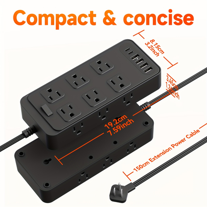 Charging Station 18-in-1 Power Strip Surge Protector 12 AC Outlets 6 USB Ports 4 USB-A 2 USB-C Flat Plug Wide Spacing Wall Mount for Home Dorm Office Travel