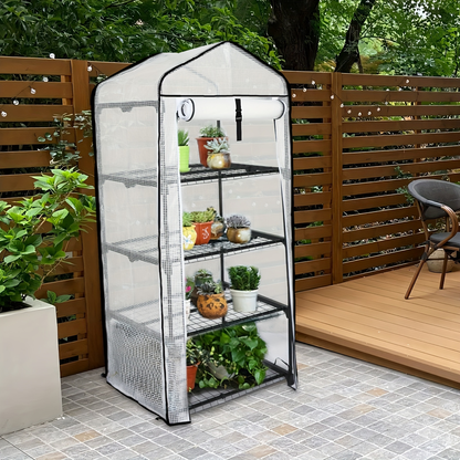Tiered Greenhouse Shelves 3/4-Tier Portable Mini Plant Greenhouse with PE Cover & Aluminum Frame, Indoor Outdoor Warm House for Seedlings & Flowers, White & Green