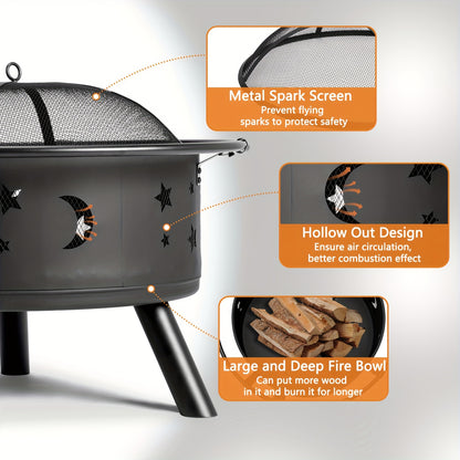 Fire Pit 30 Inch Round Wood Burning Outdoor Backyard Patio Steel Bowl with Spark Screen Mesh Lid Star Moon Cutout Carrying Ring Poker Included Black