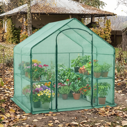 Walk-In Warm House Greenhouse 6x3x5.5ft with PE Grid Cover, Rustproof PE-Coated Metal Frame, Roll-Up Door & Top Vent Window, Portable Outdoor Hot House for Winter Garden, Green