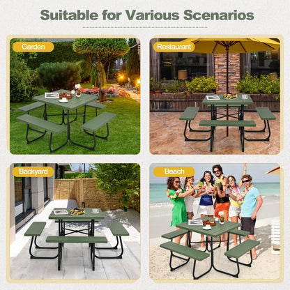 Outdoor Picnic Table 8-Person, Square HDPE Table with 4 Built-in Benches, Umbrella Hole, Metal Frame, Backyard Patio Garden Bench Set Grey/Green