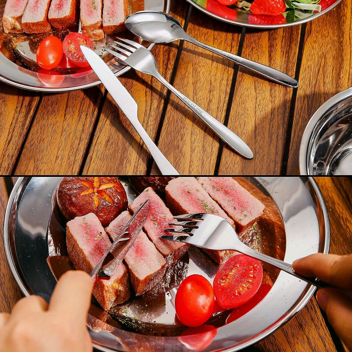 Stainless Steel Camping Mess Kit 29 Piece Dinnerware Set - Plates Bowls Mugs Cutlery