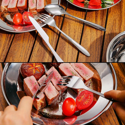 Stainless Steel Camping Mess Kit 29 Piece Dinnerware Set - Plates Bowls Mugs Cutlery