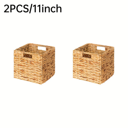 Cube Storage Baskets Foldable – Handwoven Water Hyacinth 11x11 Inch Laundry Organizer Basket with Handles for Cube Shelves, Closet, Bedroom & Living Room, Natural Woven Bin