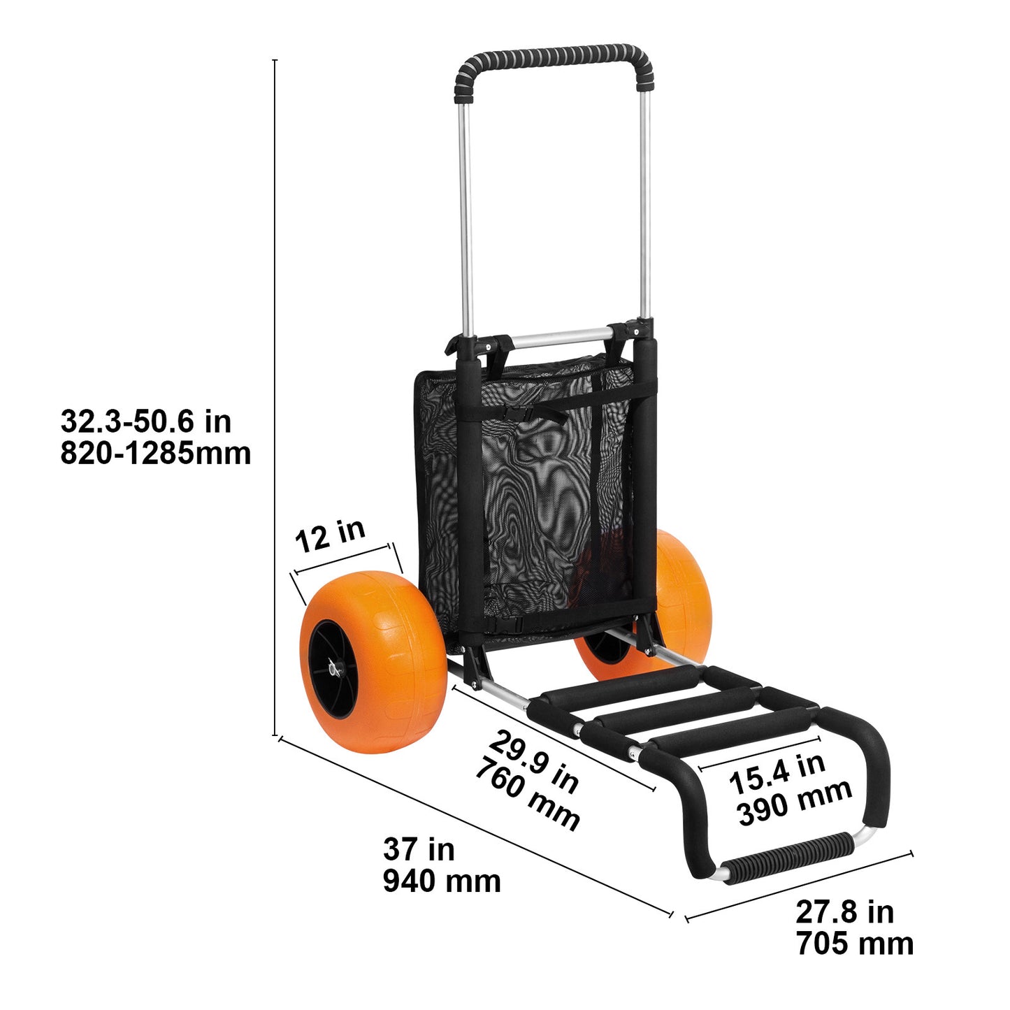 Beach Cart Heavy Duty Aluminum Alloy 165 LB Capacity 12-Inch PU Foam Wheels Folding Sand Cart Adjustable Handle for Camping Fishing Gardening Outdoor