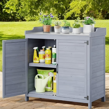 Potting Bench with Storage Cabinet, Outdoor Waterproof Wood Garden Shed Table with Removable Shelves & Doors, Heavy-Duty Yard Workstation in Grey & Natural
