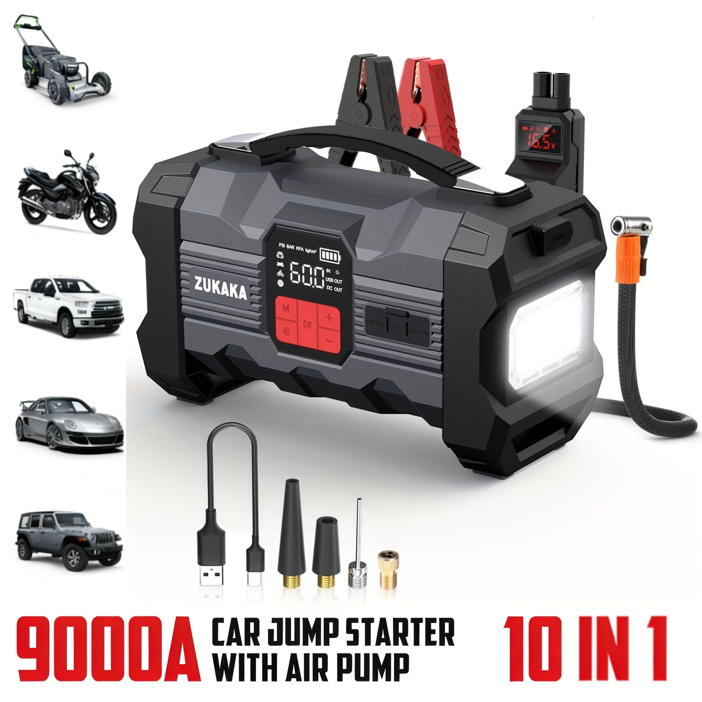 Jump Starter with Air Compressor 9000A Peak 10-in-1 150 PSI for All Gas 10L Diesel 12V USB USB-C Digital Display LED 10 Safety Protections Power Bank