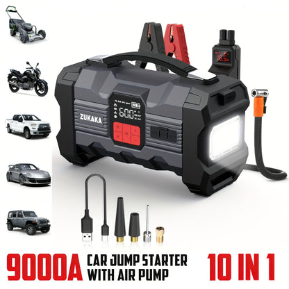 Jump Starter with Air Compressor 9000A Peak 10-in-1 150 PSI for All Gas 10L Diesel 12V USB USB-C Digital Display LED 10 Safety Protections Power Bank