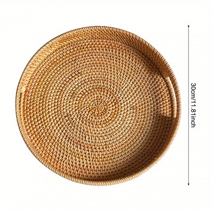 Serving Tray Basket - Hand-Woven Round Rattan Organizer for Fruits Bread Snacks, Rustic Farmhouse Decor for Kitchen Dining Table Coffee Station