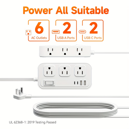 Power Strip Flat Plug Surge Protector with 6 AC Outlets 4 USB Ports 2 USB-C 2 USB-A 5ft Extension Cord Desk Charging Station for Home Dorm Office Travel