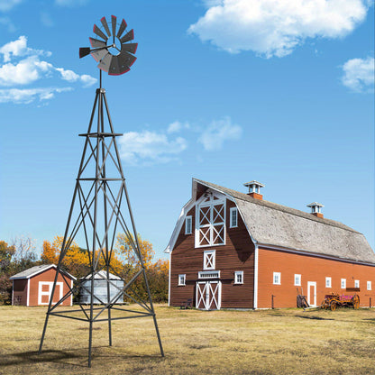 Decorative Windmill 8 ft Metal Outdoor Garden Windmill with Weathervane 4 Ground Stakes All-Weather Rust-Resistant Backyard Farm Lawn Ornament Green Gray Red