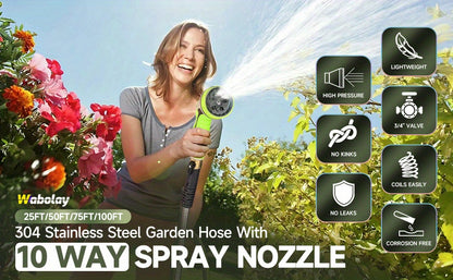 Stainless Steel Metal Garden Hose | Kink-Free, 10-Function Nozzle, Brass Fittings – 10FT to 150FT