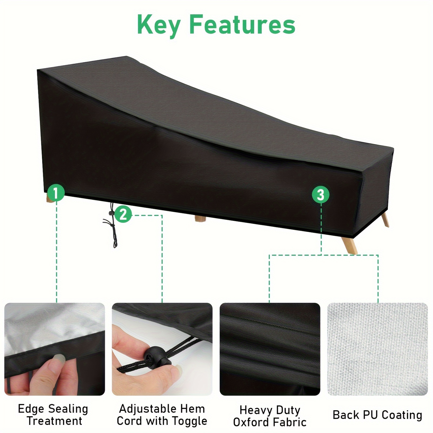 Patio Chaise Lounge Cover Waterproof UV Resistant 210D Oxford Heavy Duty Outdoor Lounge Chair Protector with Windproof Drawstring for Garden Yard Deck – Dust Rain Snow Protection