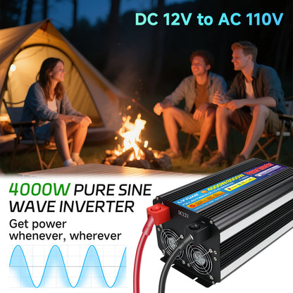 Pure Sine Wave Power Inverter 4000W 8000W Peak DC 12V to AC 110V with LCD Display Remote Control 4 AC Outlets for Car Truck RV Boat Solar Off-Grid