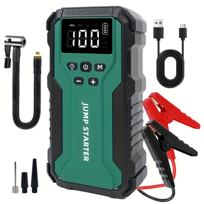 Car Jump Starter 10000A 7-in-1 Portable Battery Booster with Air Pump, Digital Tire Inflator 150PSI, LED Emergency Light for Gas & Diesel Vehicles