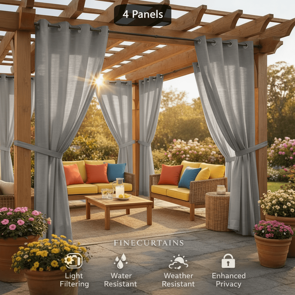 Sheer Curtains for Patio Outdoor – Grommet Top, 4 Panels, Light Filtering, UV & Water Resistant, Privacy Drapes for Pergola, Gazebo, Porch, Backyard, Beige Black Gray White Silver Taupe